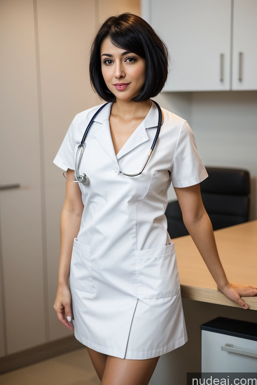 ai nude image of arafed woman in a white dress and a stethoscope standing in a kitchen pics of One Beautiful Long Legs 30s Black Hair Short Hair High Heels Small Tits Perfect Boobs Sexy Face Turkish Doctor Woman Nurse