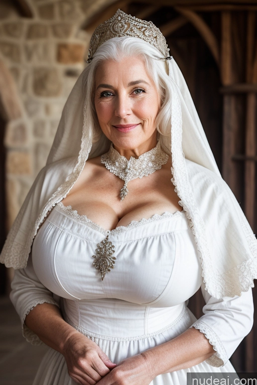 ai nude image of arafed woman in a white wedding dress and a tiara pics of White Hair Medieval Dress Huge Boobs 70s