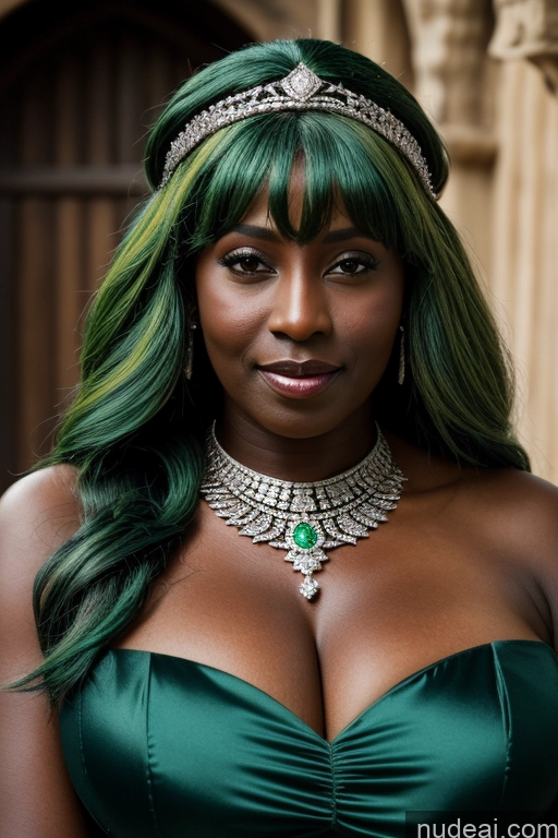 ai nude image of araffe woman with green hair and a tiara posing for a picture pics of Medieval Dress 50s Huge Boobs Dark Skin Green Hair Diamond Jewelry