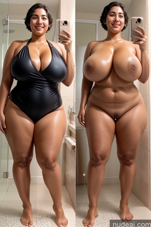 ai nude image of there are two women in a bathroom taking a selfie pics of Woman Huge Boobs Perfect Boobs Thick Chubby Perfect Body Pubic Hair 30s Happy Black Hair Short Hair Arabic Mirror Selfie Bathroom Front View Yoga Nude Bdsm Nurse One Piece Swimsuit Jewelry Transparent Onoff