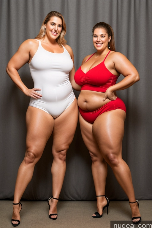 ai nude image of two women in red and white swimsuits posing for a picture pics of Tall Chubby Big Hips Big Ass Two 60s Muscular Thick Fat Beautiful Long Legs High Heels