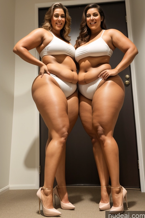 ai nude image of two women in white swimsuits posing for a picture pics of Tall Long Legs Fat Chubby Big Ass Big Hips Two Muscular Beautiful Thick High Heels