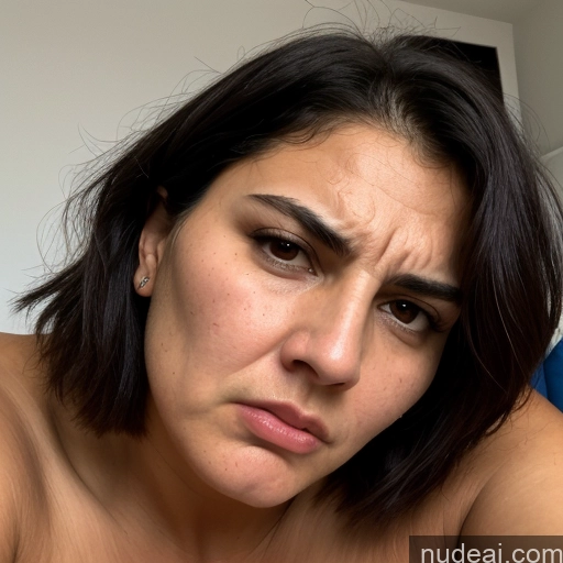 ai nude image of there is a woman that is looking at her cell phone pics of Pubic Hair Serious Seductive Busty Perfect Boobs Tall Thick Tanned Skin Close-up View Nude Black Hair Jewish Angry Bedroom Bobcut Milf 18