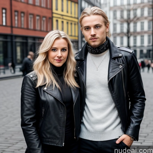 ai nude image of blond man and blonde woman standing in a city street pics of Short Skinny Goth Jacket Leather Woman + Man Scandinavian 30s