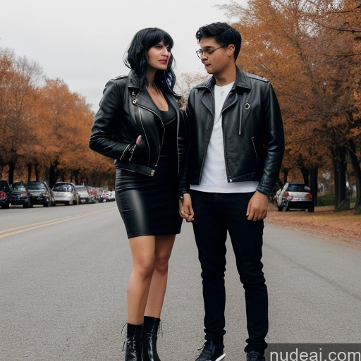 ai nude image of there are two people standing on the street together wearing black leather jackets pics of Short Skinny Goth Jacket Leather Woman + Man 30s White Huge Boobs Black Hair Bangs