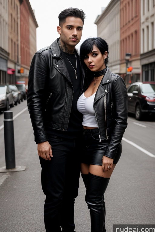 ai nude image of there are two people standing on the street posing for a picture pics of Short Skinny Goth Jacket Leather 30s White Huge Boobs Black Hair Bangs Woman + Man