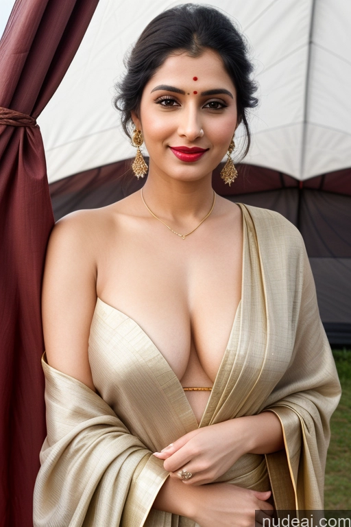 ai nude image of araffe woman in a sari posing for a picture pics of Woman One Beautiful Lipstick Fairer Skin 30s Slicked White Sari Simple Salwar Tent Close-up View Perfect Boobs Cleavage Bright Lighting