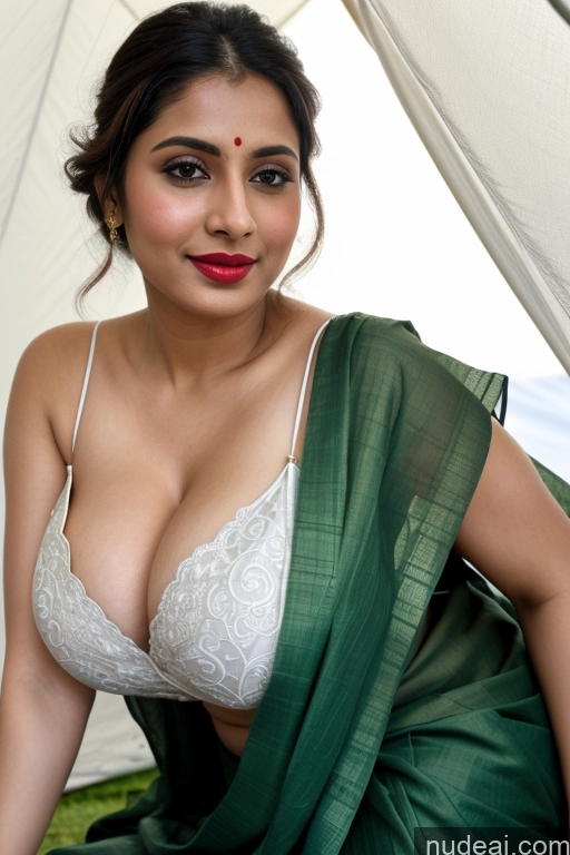 ai nude image of sexy indian woman in a green sari posing for a picture pics of Woman One Beautiful Lipstick Fairer Skin 30s Slicked White Sari Simple Salwar Tent Close-up View Bright Lighting Cleavage Huge Boobs