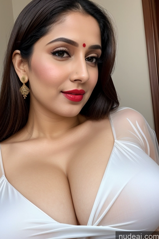 ai nude image of araffed woman in a white dress posing for a picture pics of One Beautiful Lipstick Fairer Skin Slicked White Sari Simple Salwar Close-up View Huge Boobs Woman 30s Perfect Boobs Transparent