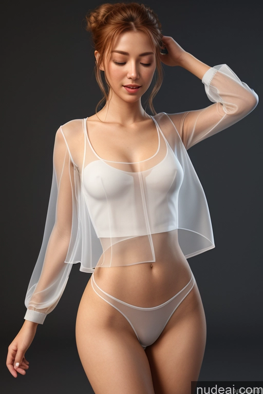 ai nude image of arafed woman in a white sheer top and panties posing for a picture pics of Woman One Small Tits Beautiful Small Ass Skinny Big Hips Perfect Body 18 Orgasm Ginger Hair Bun Front View Blouse Transparent 3d