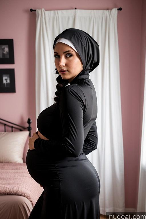 ai nude image of pregnant woman in black dress and hijab posing in front of a bed pics of Milf One Beautiful Big Hips Oiled Body 18 Bedroom Bright Lighting Black Hair Latina Pigtails Pregnant Big Ass Thick Perfect Body Nun Goth Small Tits