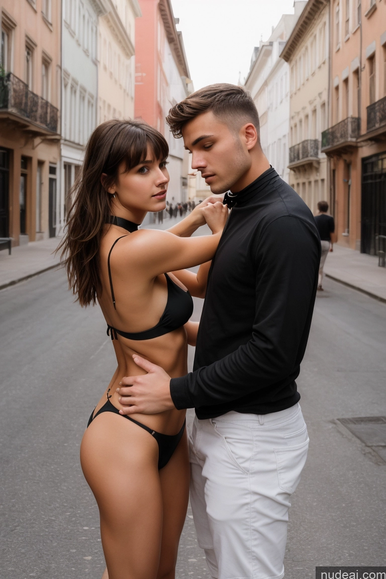 ai nude image of they are two people standing in the street together pics of Woman + Man Small Tits Skinny Small Ass Perfect Boobs 18 Brunette Bangs Hungarian Choker Bikini Street