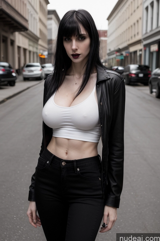 ai nude image of arafed woman in a white top and black pants standing on a street pics of Model Skinny Abs 20s Black Hair Bangs White Fairer Skin Goth Simple Huge Boobs Street Jeans Shirt