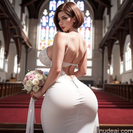 ai nude image of arafed woman in a white dress standing in a church pics of Busty Huge Boobs Perfect Boobs Beautiful Big Ass Perfect Body Ginger Cumshot Model 30s Short Hair Church Wedding Back View