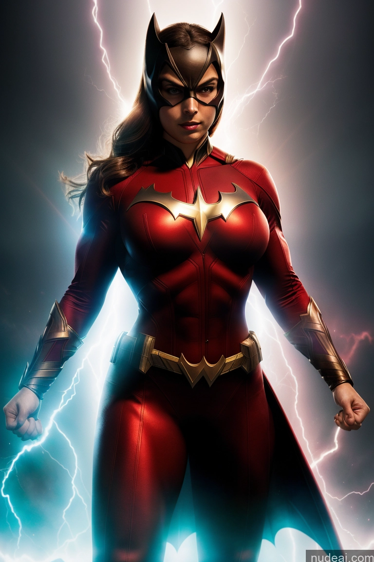 ai nude image of a close up of a woman in a red costume with lightning behind her pics of Batwoman Mary Thunderbolt Busty Muscular Powering Up Abs Small Tits