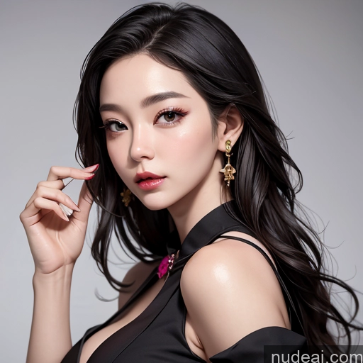 ai nude image of araffe asian woman with long black hair and earrings posing for a picture pics of Korean Perfect Boobs Secretary