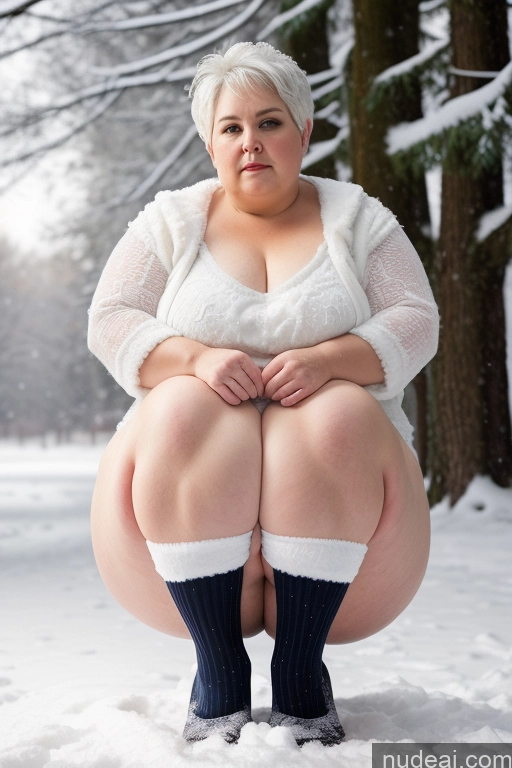 ai nude image of araffe woman in white shirt and socks sitting on snow covered ground pics of One Fat Chubby Big Ass 70s Serious White Hair Pixie Snow Spreading Legs Stockings Front View