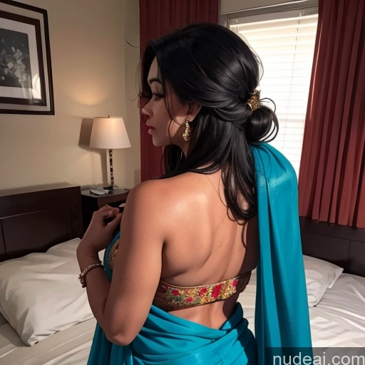 ai nude image of araffed woman in a blue sari standing in a bedroom pics of 50s Black Hair Long Hair Soft + Warm Bedroom Sari One Milf Fat Dark Skin Sexy Face Indian Back View Sleeping Hip Hop