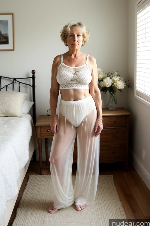 ai nude image of there is a woman in a white lingerie standing in a bedroom pics of Milf Small Tits Small Ass Big Hips Fairer Skin Pubic Hair Serious Bedroom Detailed Pixie Thick 80s Blonde Harem Pants Transparent Irish