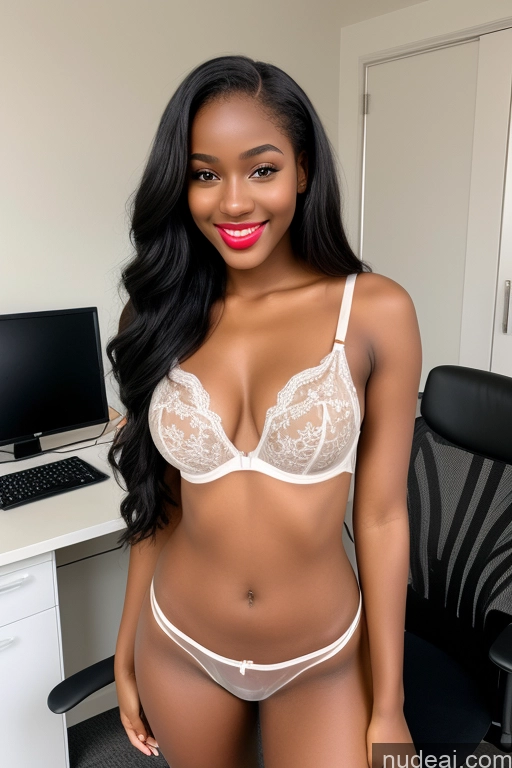 ai nude image of araffe woman in lingerie posing in front of a computer pics of 18 Happy Small Tits Lipstick Small Ass Long Legs Perfect Body Tall Fairer Skin Tanned Skin Dark Skin Nigerian Office Black Hair Front View Transparent Long Hair Lingerie Model Lingerie