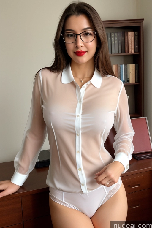 ai nude image of arafed woman in a white shirt and glasses posing for a picture pics of Sorority Busty Perfect Boobs Beautiful Lipstick Perfect Body Pubic Hair Oiled Body Seductive Close-up View Cumshot Blouse Panties Polo Professor Secretary Stylish Transparent