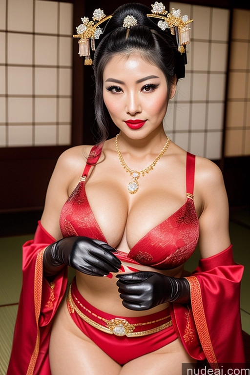 ai nude image of araffe asian woman in a red dress and black gloves pics of Busty Perfect Boobs Lipstick Oiled Body 30s Sexy Face Black Hair Ponytail Japanese Onsen Gloves Geisha Diamond Jewelry Gold Jewelry Jewelry Pearl Jewelry Thigh Socks