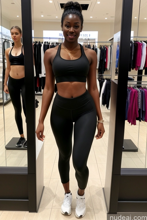 ai nude image of there is a woman standing in a store looking at herself pics of Woman Small Tits Skinny Big Ass 18 Black Hair Dark Skin Black Mall Sports Bra Spandex Big Hips