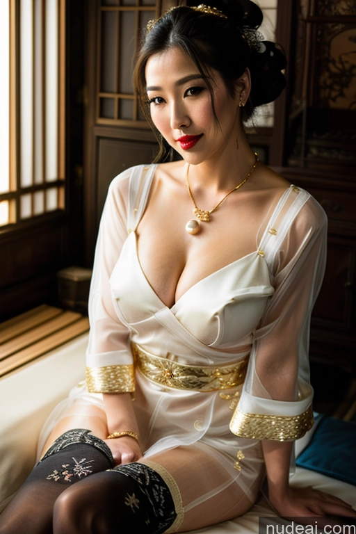 Busty Perfect Boobs Oiled Body Lipstick Black Hair Hair Bun Japanese Onsen Chinese Traditional Clothing: Qing Nv Zhuang Pearl Jewelry Gold Jewelry Stockings Thigh Socks Wedding Beautiful Bright Lighting Sexy Face Transparent