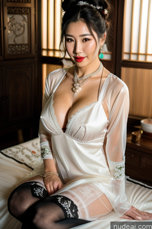 Busty Perfect Boobs Oiled Body Lipstick Black Hair Hair Bun Onsen Chinese Traditional Clothing: Qing Nv Zhuang Pearl Jewelry Stockings Thigh Socks Wedding Beautiful Bright Lighting Sexy Face Transparent Korean Cleavage Jewelry