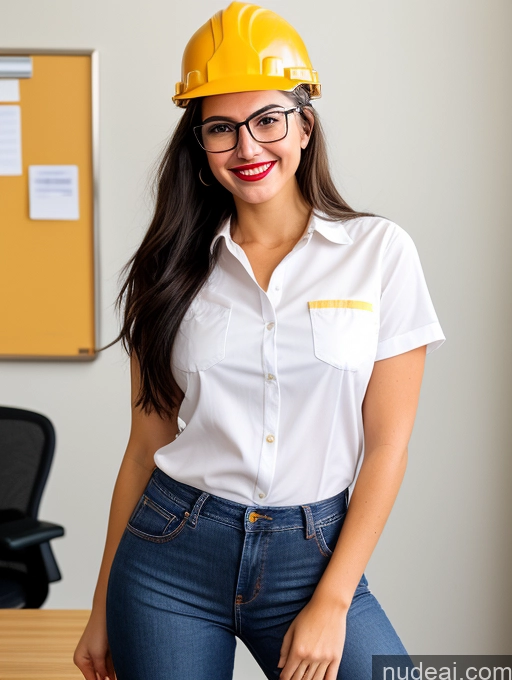 ai nude image of arafed woman in a hard hat and glasses posing for a picture pics of 18 Happy Small Tits Lipstick Small Ass Pubic Hair Fairer Skin Tanned Skin Glasses Perfect Body Front View Long Hair Black Hair Working Out Jeans Blouse Office Construction Worker Secretary Casual