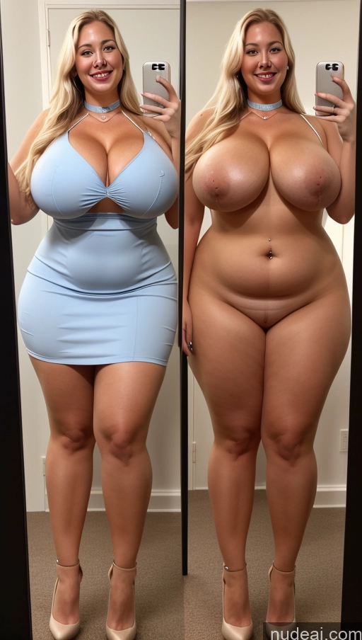 ai nude image of araffe woman in a blue dress taking a selfie in a mirror pics of Model One Busty Huge Boobs Perfect Boobs Beautiful Lipstick Big Ass Thick Chubby Big Hips Long Hair 30s Happy Scandinavian Mirror Selfie Bra Choker Dress Cleavage Pearl Jewelry Onoff