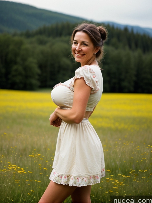 ai nude image of pregnant woman in a field of flowers with mountains in the background pics of One Big Ass 40s Brunette German Dark Lighting Simple Huge Boobs Hair Bun Alternative Milf Happy Vintage Meadow Front View Dirndl