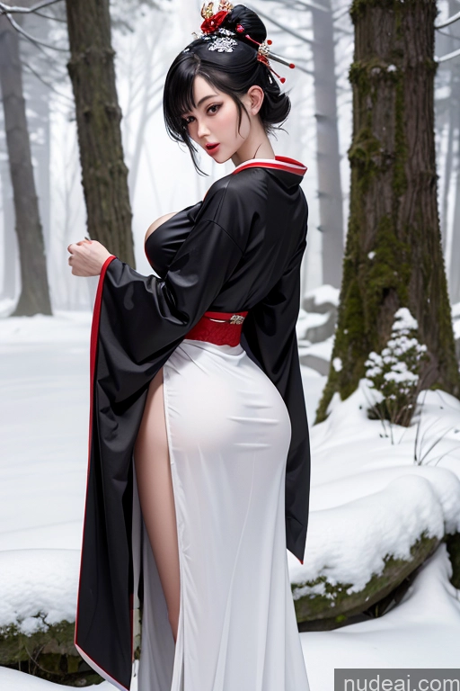 ai nude image of araffe dressed in a kimono standing in the snow pics of Woman Perfect Boobs Beautiful Big Ass Big Hips Skinny Perfect Body 40s Seductive Black Hair Pixie German Snow Front View Geisha Detailed