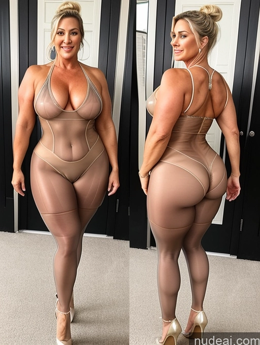 ai nude image of a woman in a nude bodysuit posing for a picture pics of Milf Chubby Thick Oiled Body Big Ass Muscular 50s Blonde Hair Bun Suit Transparent High Heels