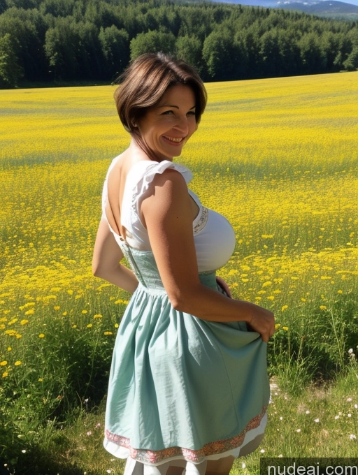 ai nude image of arafed woman in a blue dress standing in a field of yellow flowers pics of Milf One Huge Boobs Big Ass 40s Happy Brunette Short Hair German Meadow Front View Dirndl