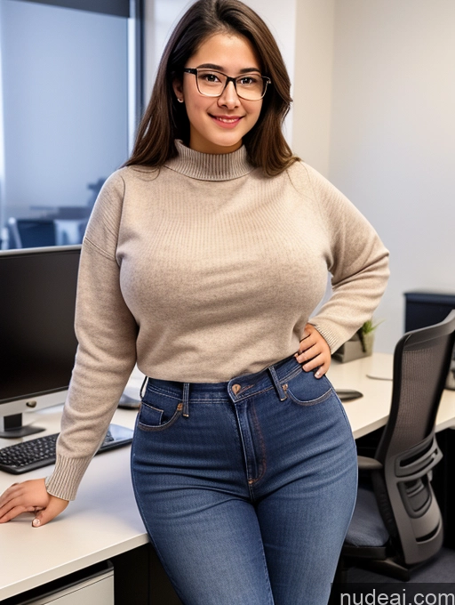 ai nude image of smiling woman in glasses standing in front of a desk with a computer pics of Office Huge Boobs 18 Secretary Jeans Sweater Glasses Big Hips