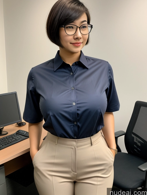 ai nude image of there is a woman standing in front of a computer desk pics of Office Huge Boobs 18 Secretary Glasses Big Hips Skinny Asian Short Hair Shirt Harem Pants