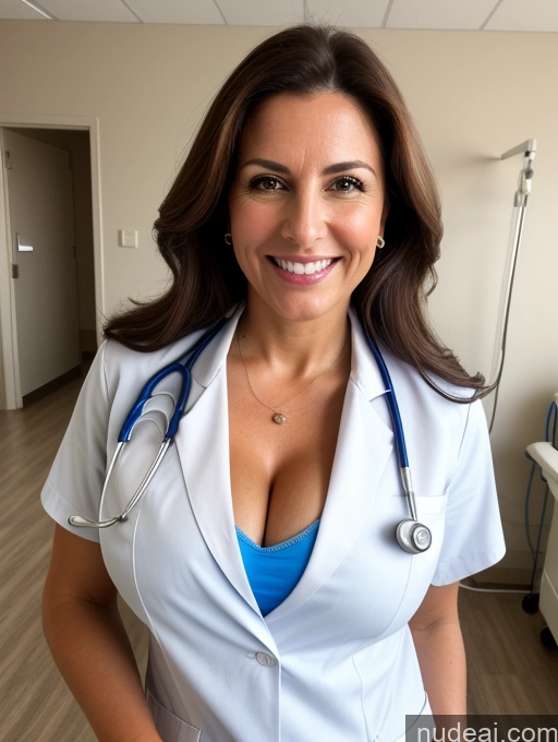 ai nude image of smiling woman in white lab coat with stethoscope and blue top pics of One Busty 50s Happy Brunette Long Hair Italian Hospital Front View Doctor Cleavage