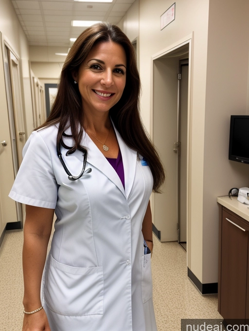 ai nude image of smiling woman in white lab coat standing in a hospital hallway pics of One Busty 50s Happy Brunette Long Hair Italian Hospital Front View Doctor Cleavage