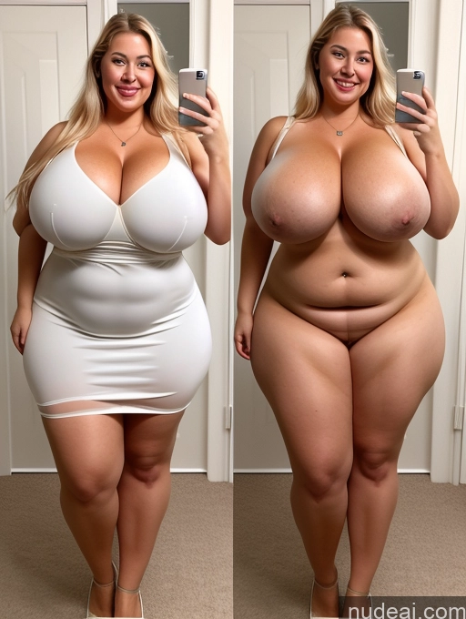 ai nude image of araffe woman in a white dress and a woman in a white dress pics of Model One Busty Huge Boobs Perfect Boobs Beautiful Lipstick Thick Chubby Big Hips 30s Happy Laughing Scandinavian Mirror Selfie Bra Dress Cleavage Transparent Pearl Jewelry Onoff