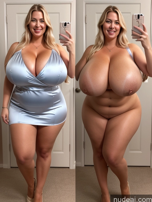 ai nude image of araffe woman in a silver dress taking a selfie with her cell phone pics of Model One Busty Huge Boobs Perfect Boobs Beautiful Thick Chubby Big Hips 30s Happy Laughing Scandinavian Mirror Selfie Bra Dress Cleavage Transparent Pearl Jewelry Onoff Satin