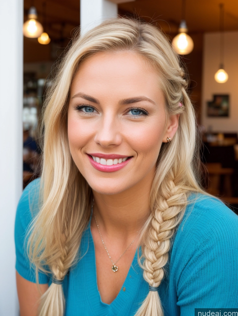 ai nude image of blond woman with braid hair smiling at camera in restaurant pics of Woman One Busty Perfect Boobs Beautiful Lipstick Big Ass Short 30s Happy Blonde Scandinavian Casual Cafe Braided Western