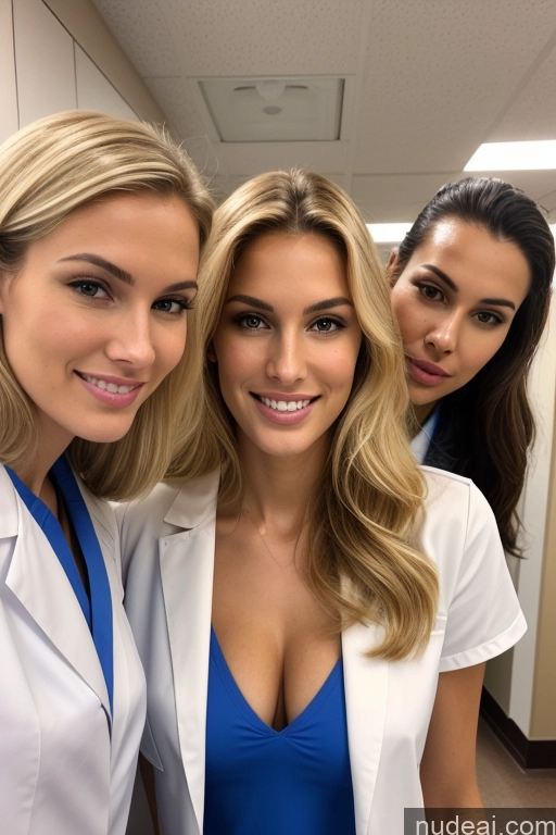 ai nude image of two women in white coats posing for a picture in a hospital pics of Miss Universe Model Several Perfect Boobs Beautiful Tall Long Legs Laughing Seductive Blonde Long Hair German Hospital Front View Doctor Cleavage 18