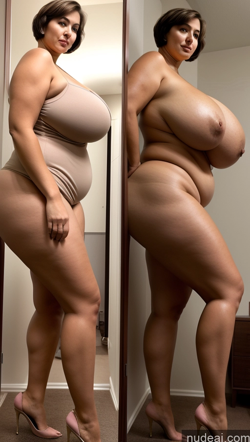 ai nude image of araffe woman in a tan dress standing in front of a mirror pics of 30s Milf Sexy Face Huge Boobs Perfect Boobs Busty Beautiful Big Ass Chubby Thick Tall Tanned Skin Long Legs Blonde Short Hair Side View Dark Lighting Cleavage Turkish Big Hips Onoff