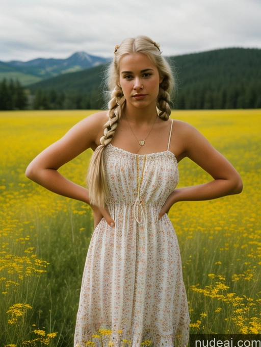 ai nude image of blond woman in a field of flowers with her hands on her hips pics of Sorority One 18 White Meadow 70s Jewelry Detailed Serious Vintage Pigtails Blonde Boots Sundress