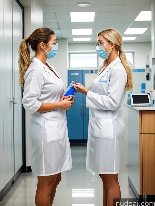 ai nude image of two women in white lab coats standing in a hospital hallway pics of Woman Two Busty Perfect Boobs Beautiful Big Ass Perfect Body Pubic Hair Tanned Skin Happy Blonde Ponytail Hospital Doctor Face Mask Lab Coat Transparent Cleavage