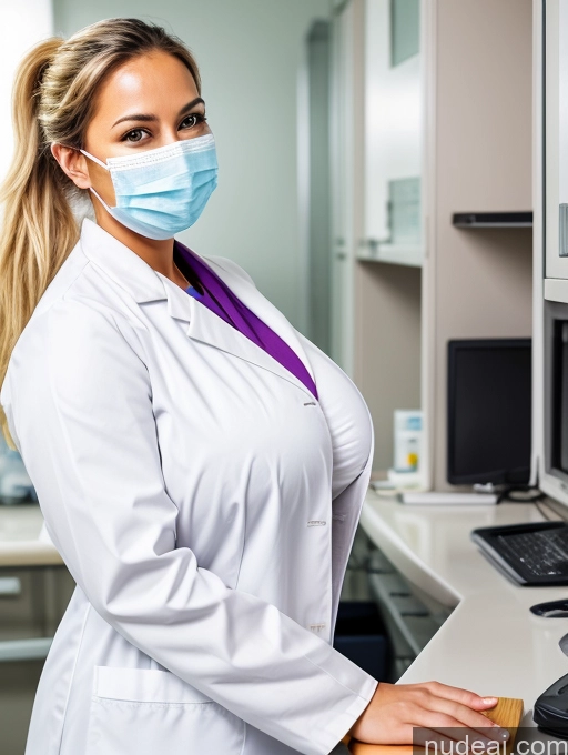 ai nude image of arafed woman in a lab coat and mask standing in front of a computer pics of Woman Busty Perfect Boobs Beautiful Big Ass Perfect Body Tanned Skin Happy Blonde Ponytail Hospital Doctor Face Mask Lab Coat Huge Boobs