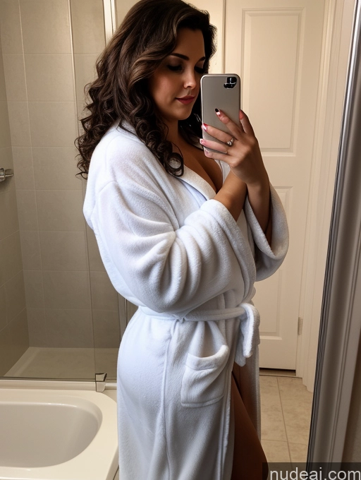 related ai porn images free for Woman One Chubby Brunette Curly Hair French Mirror Selfie Bathroom Side View Bathrobe Dark Lighting Detailed Transparent Fat 60s Seductive