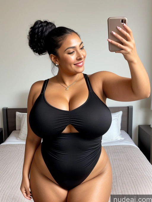 ai nude image of araffe woman in a black swimsuit taking a selfie on her cell phone pics of Woman One Huge Boobs Big Ass Thick Chubby Big Hips Fat 50s Happy Laughing Seductive Sexy Face Black Hair Hair Bun Egyptian Bedroom Front View Diamond Jewelry Bright Lighting Detailed Ninja T-pose Mirror Selfie