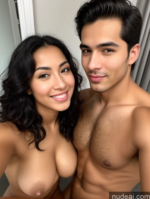 ai nude image of arafed man and woman posing for a selfie in a bathroom pics of One Busty Big Ass Dark Skin Black Hair Nude Beautiful Oiled Body 18 Skinny Short Perfect Body Tanned Skin Curly Hair Stockings Latina Happy Sexy Face Mirror Selfie Street Close-up View Woman + Man Blowjob